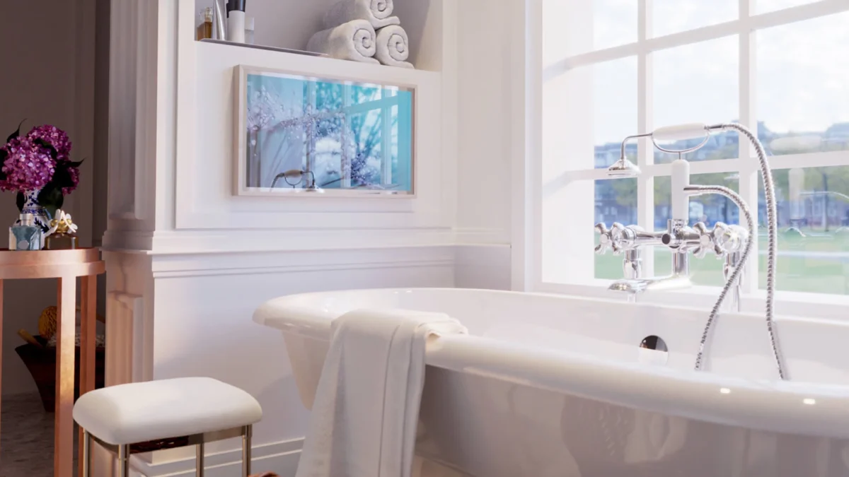White-framed Ocea style TV on a plain wall above a neutral bathtub with a glass window.